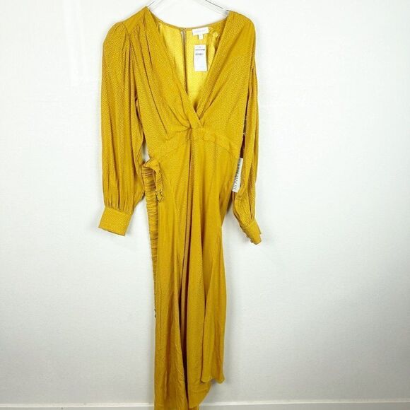 Ronny Kobo Yellow Silk Slit Maxi Sundress Belted V-neckline large - Picture 2 of 9